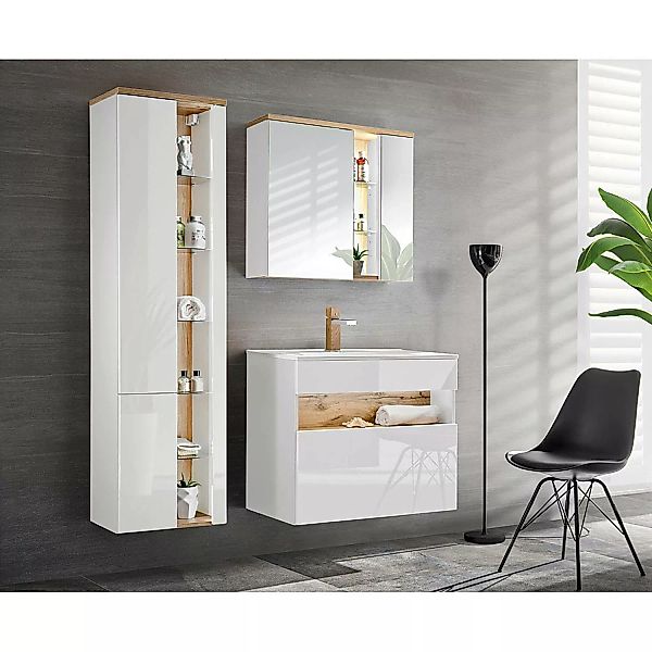 Badezimmer Set mit Keramik-Waschtisch inkl LED BERMUDA-56 in Weiß-Hochglanz günstig online kaufen