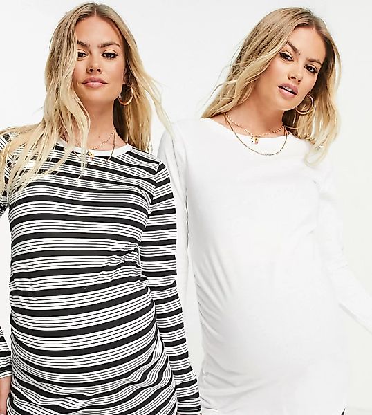 River Island Maternity – 2er-Pack langärmlige Shirts in Weiß und mit Streif günstig online kaufen