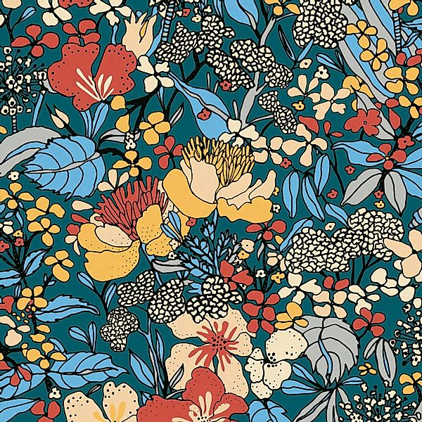 Bricoflor Retro Tapete mit Bunten Blumen Petrol Vliestapete mit Floralem Mu günstig online kaufen