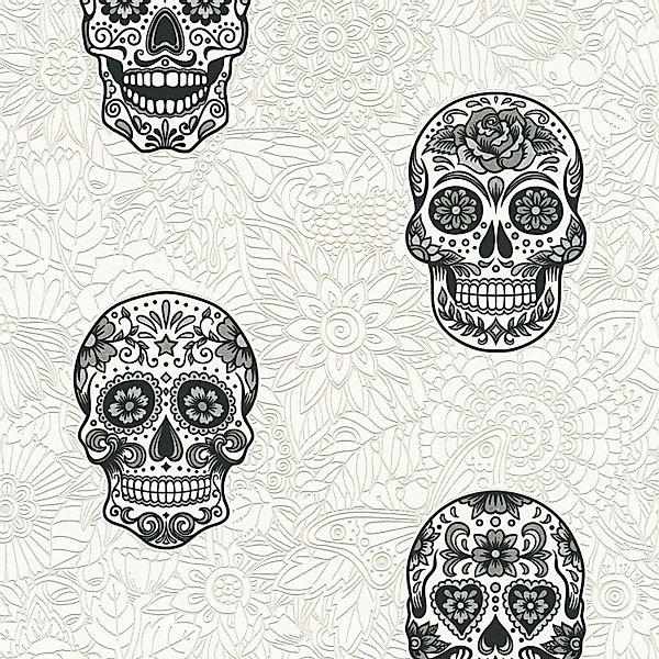 Bricoflor Totenkopf Tapete Schwarz Weiß Moderne Tropical Vliestapete Ideal günstig online kaufen