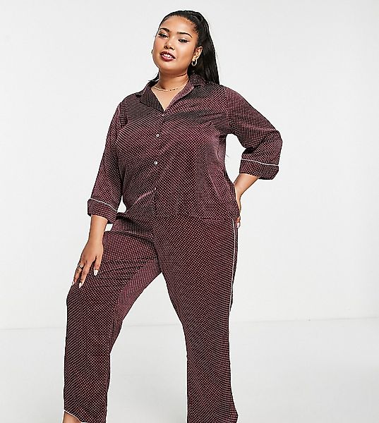 Vero Moda Curve – Pyjama-Set aus Satin mit Paspelierung in Burgunderrot gep günstig online kaufen