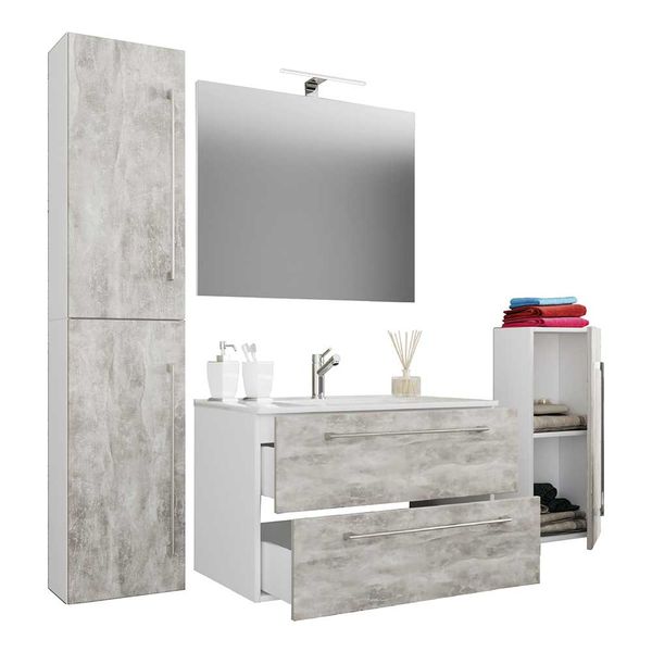 Waschplatz mit Keramikbecken in Beton Grau Weiß (vierteilig) günstig online kaufen