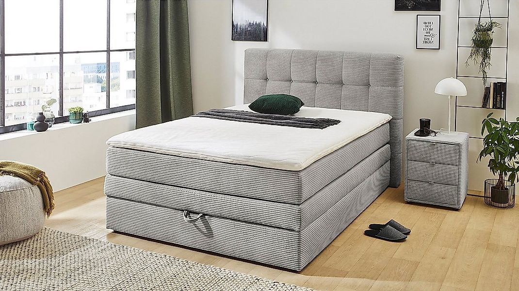 Massivart® Boxspringbett AMY 140 x 200 cm / Cordbezug / hellgrau, Bettkaste günstig online kaufen