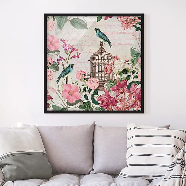 Bild mit Rahmen Tiere - Quadrat Shabby Chic Collage - Rosa Blüten und blaue günstig online kaufen