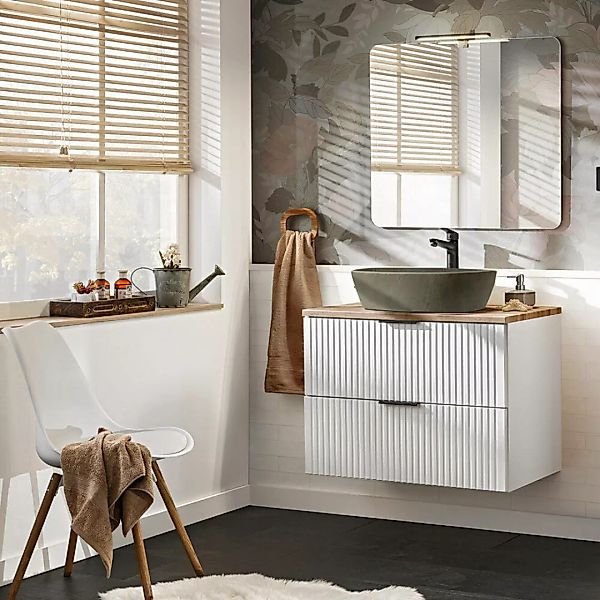 Badmöbel Set matt weiß Rillenoptik ADELAIDE-56-WHITE 80 cm Spiegel & Wascht günstig online kaufen