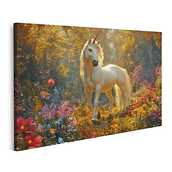 islandburner Leinwandbild Einhorn im verzauberten Blumengarten günstig online kaufen