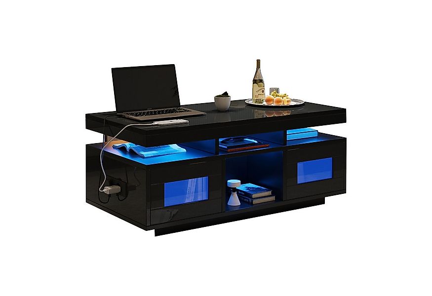Merax Couchtisch hochglanz Sofatisch mit LED-Beleuchtung & USB-Ladeanschlus günstig online kaufen