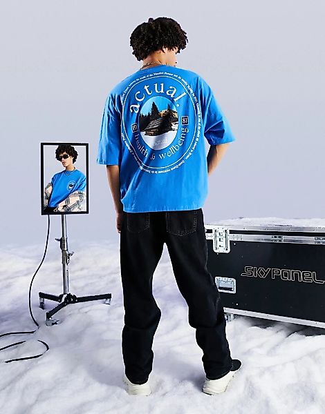 ASOS – Actual – Oversize-T-Shirt in Blau mit Logo und Grafikprints vorne un günstig online kaufen