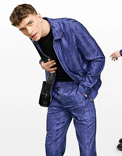 ASOS DESIGN – Elegante Harrington-Jacke mit abstraktem Muster in Blau, Komb günstig online kaufen