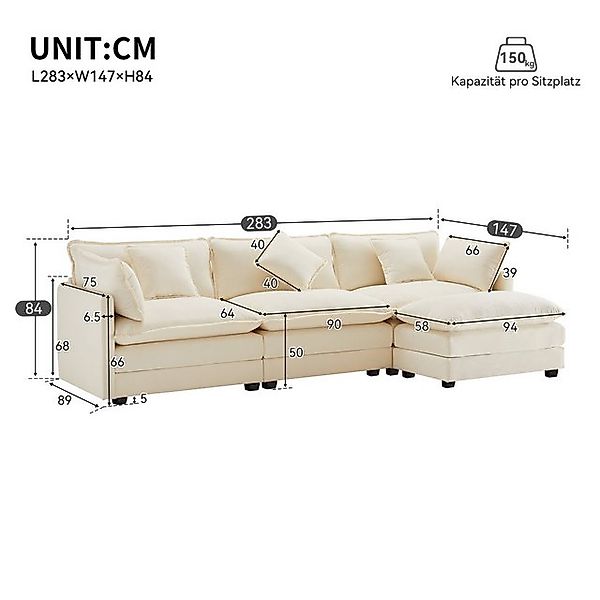 Ulife Sofa Geräumiges L-förmiges Chenille-Sofa mit Fußhocker, 3-4 Personen, günstig online kaufen