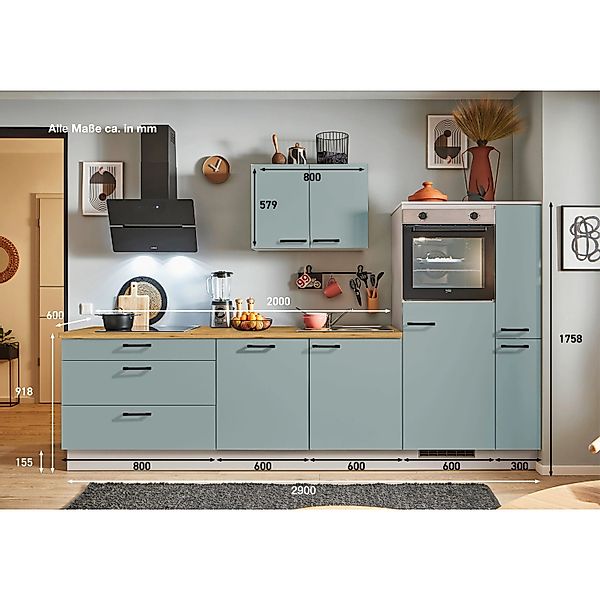 pino Küchenzeile 290 cm Fjordgrün Anschlag rechts 1 Geräte-. 1 Seitenschran günstig online kaufen
