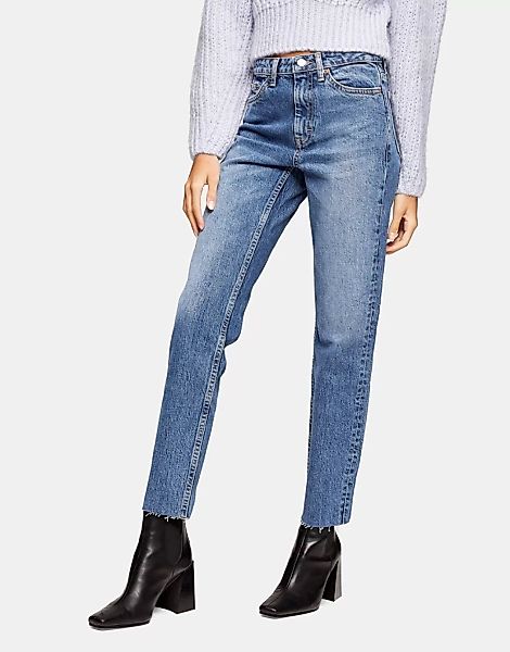 Topshop – Gerade geschnittene Jeans mit geripptem Saum in verwaschenem Mitt günstig online kaufen