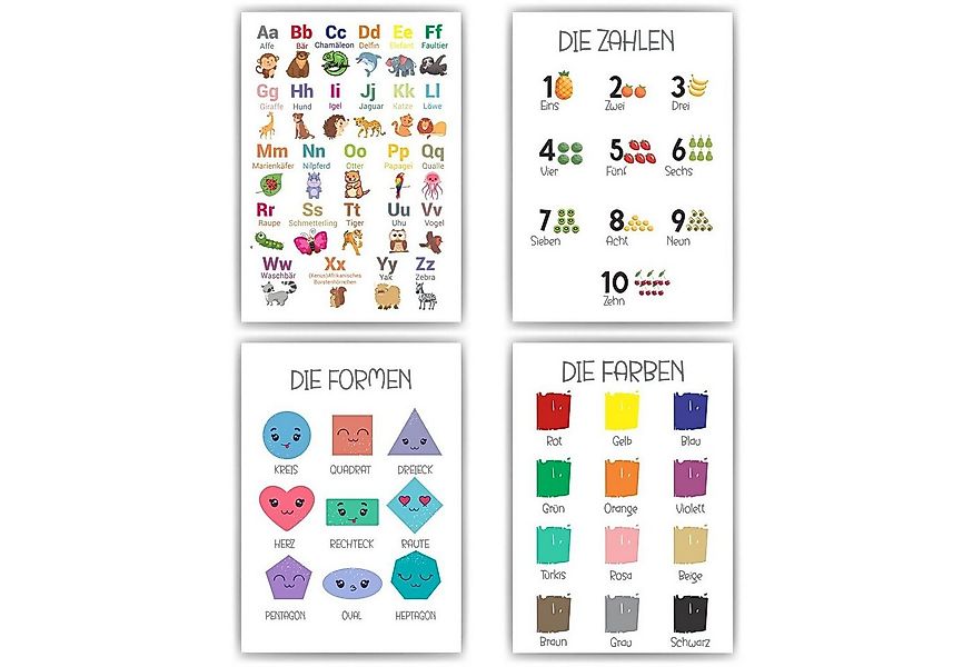 Tigerlino Poster 4er Set ABC, Zahlen, Formen, Farben Lernposter Kinderzimme günstig online kaufen