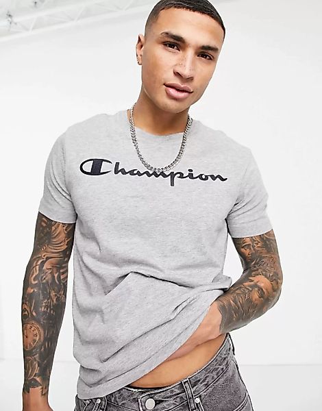 Champion – Graues T-Shirt mit großem Logo-Schriftzug günstig online kaufen
