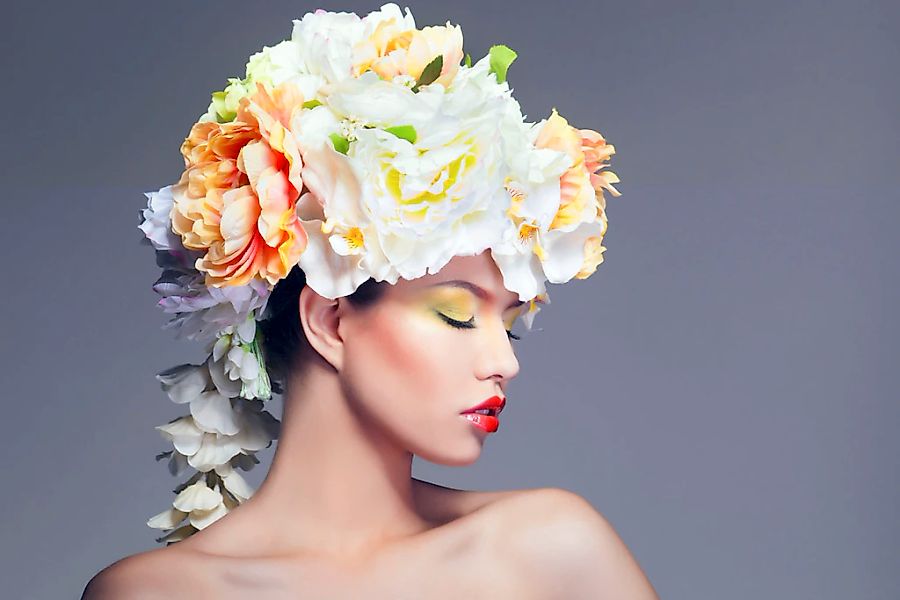 queence Acrylglasbild "Frau mit Blumenhut" Bilder von Frauen  Blumen  Fashi günstig online kaufen