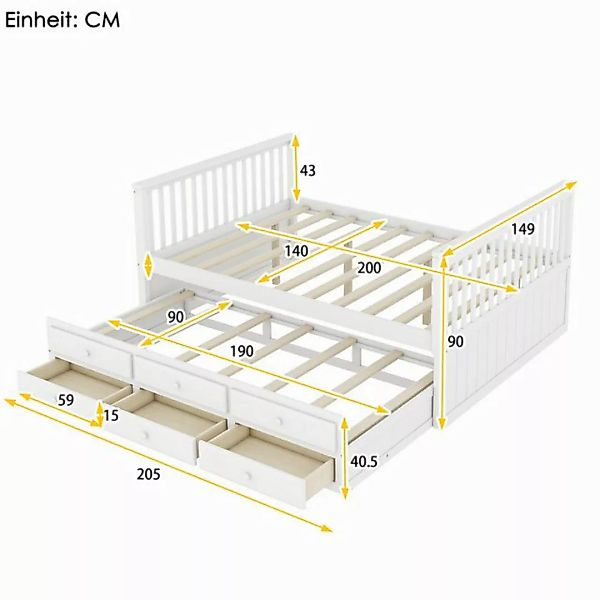 Flieks Massivholzbett, Doppelbett Kinderbett 140x200cm mit Schubladen, Ausz günstig online kaufen