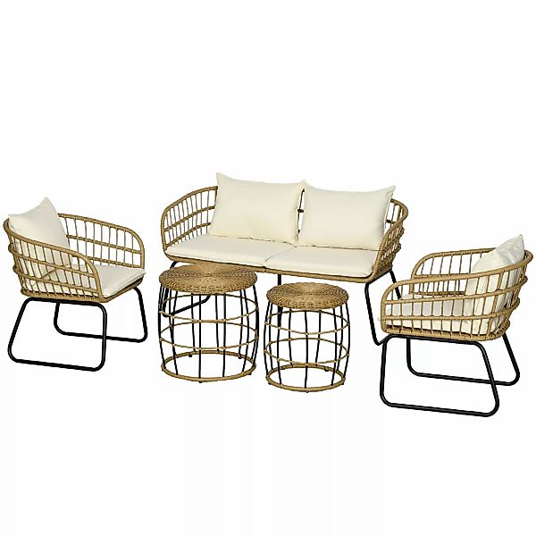 Outsunny 5 tlg Rattan Gartenmöbel-Set mit Kissen, 2 Couchtischen, 2 Sesseln günstig online kaufen