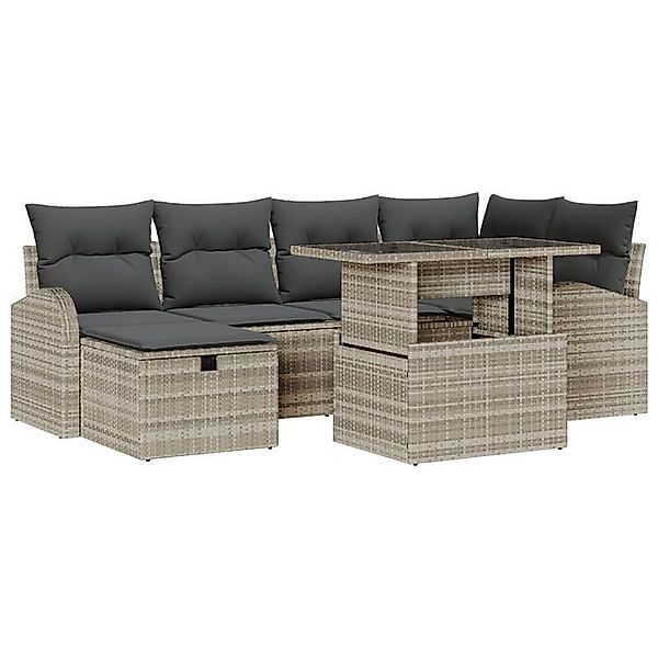 vidaXL Loungesofa 7-teiliges Garten Sofaset mit Kissen Hellgraues Poly-Ratt günstig online kaufen