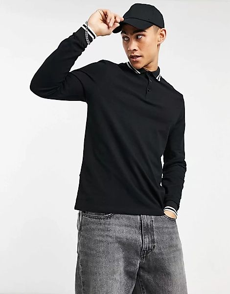 ASOS DESIGN – Langärmliges Poloshirt aus schwarzem Pikee mit Zierstreifen a günstig online kaufen