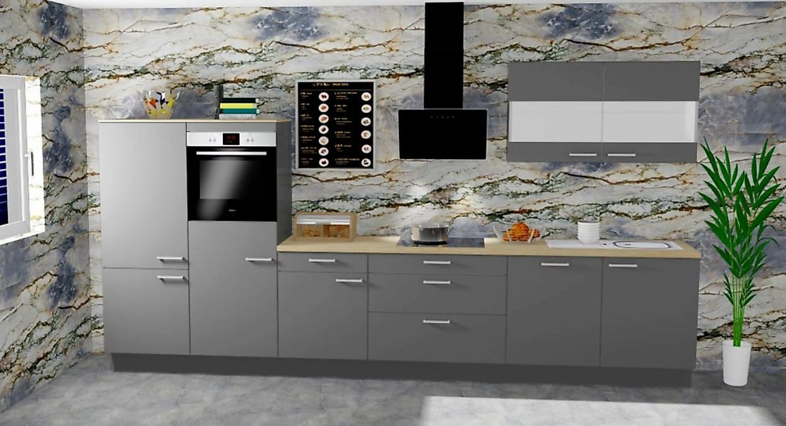 Einbauküche MANKAONYX 47 Onyxgrau - Schränke montiert/ Küchenzeile 380 cm m günstig online kaufen