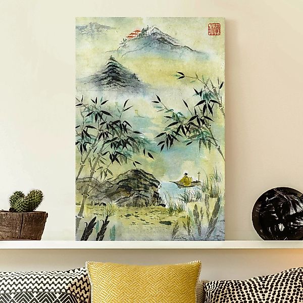 Leinwandbild Japanische Aquarell Zeichnung Bambuswald günstig online kaufen