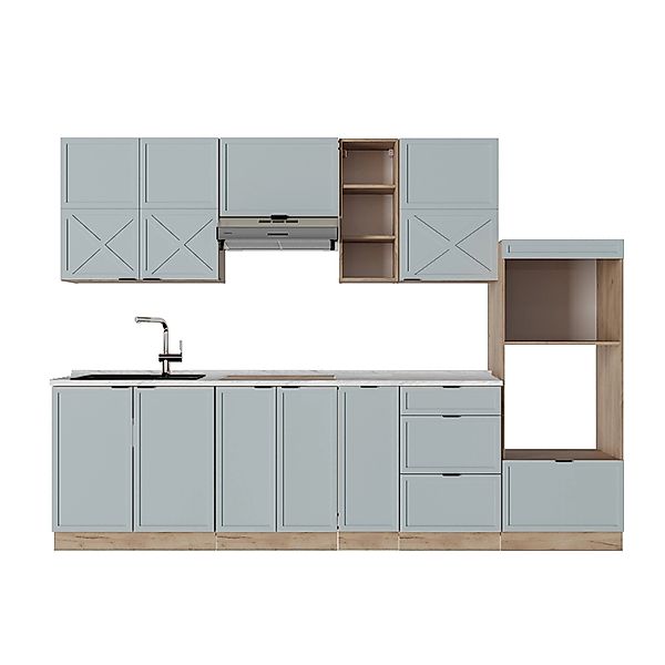 Vicco Fame-Line Küchenzeile Hellblau-grau/Goldkraft Eiche 280 cm ohne Arbei günstig online kaufen