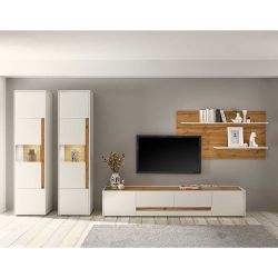 Wohnzimmerwand in Wildeichefarben und Weiß 2  Vitrinen (vierteilig) günstig online kaufen