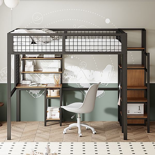 Flieks Hochbett Kinderbett 140x200cm mit Tisch/Regal/Kleiderschrank günstig online kaufen