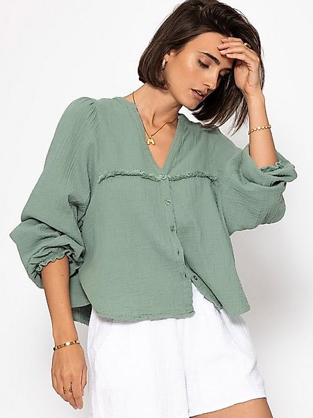SASSYCLASSY Langarmbluse Musselinbluse Damen mit Fransen und Rüschenärmeln günstig online kaufen