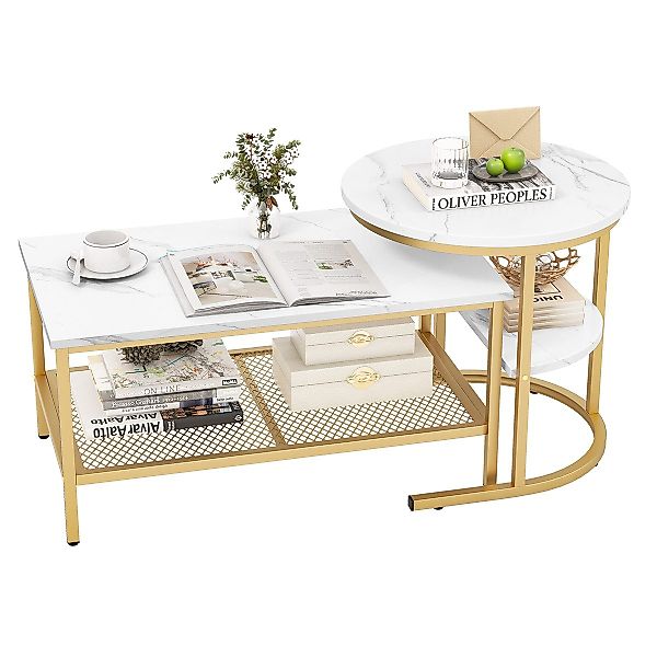 COSTWAY Couchtisch, 2er Set, Marmor, Beistelltisch günstig online kaufen