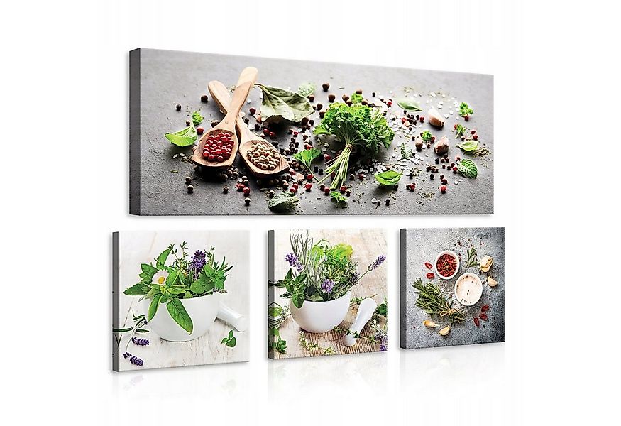 Wallarena Leinwandbild Küche Kräuter Gewürze 4 Teile SET Wandbilder Kunstdr günstig online kaufen