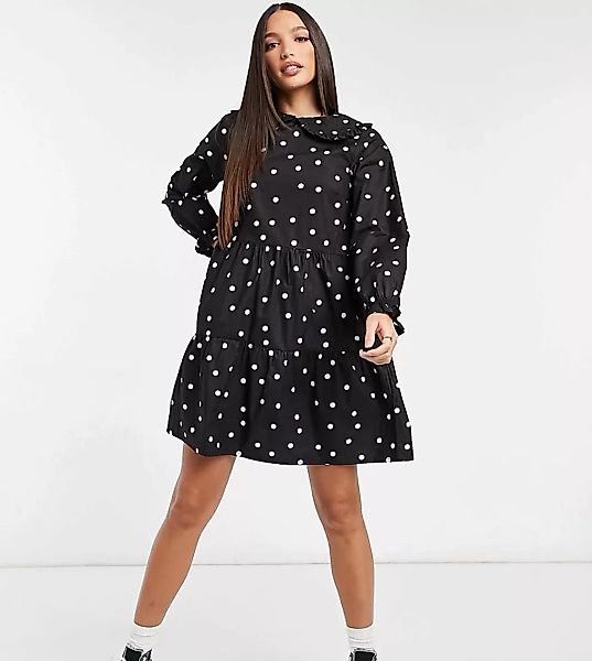 New Look Tall – Gepunktetes Popeline-Minikleid mit Rüschenkragen in Schwarz günstig online kaufen