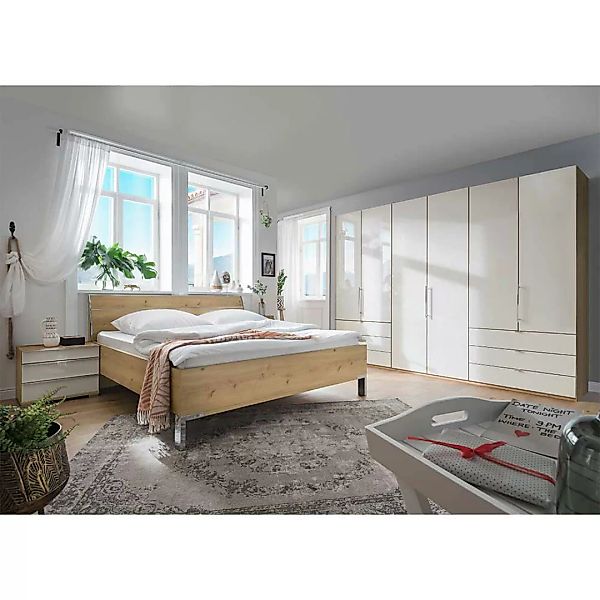 XL Schlafzimmer Set in Beige und Eiche Bianco glasbeschichtet (vierteilig) günstig online kaufen