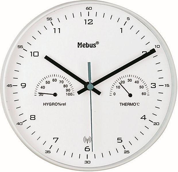 Mebus Funkwanduhr Funk-Wanduhr mit Thermometer/ Hygrometer, weiß günstig online kaufen