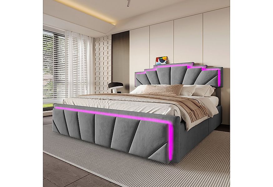 Celya Polsterbett Doppelbett mit einzigartigem trapezförmigem Kopfteil (USB günstig online kaufen