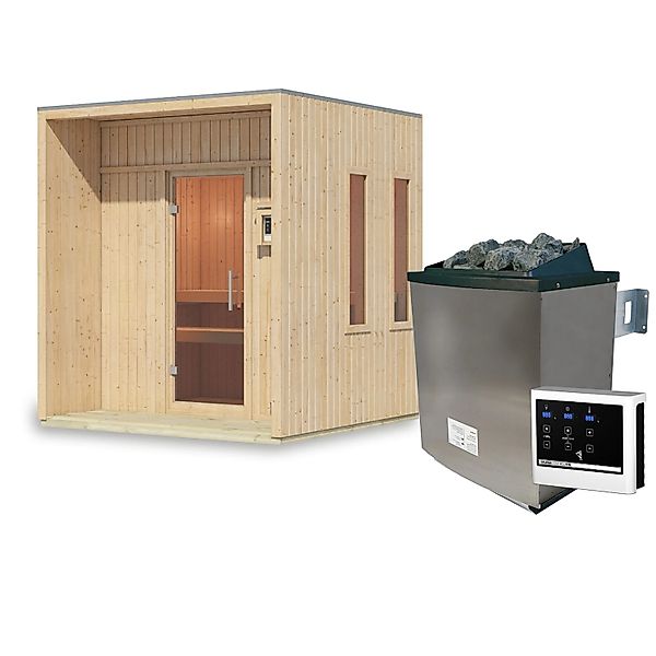 Karibu Saunahaus Almeria mit Ofen 9 kW Extern Naturbelassen günstig online kaufen