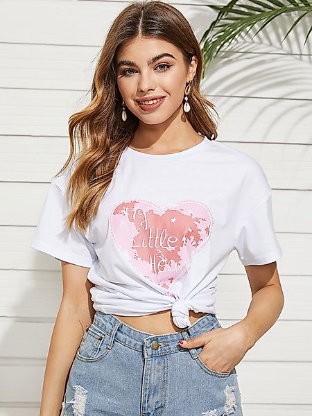 YOINS White Heart & Letter Kurzarm-T-Shirt mit Rundhalsausschnitt günstig online kaufen