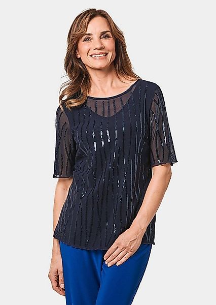 GOLDNER Langarm-Poloshirt "Mit funkelnden Pailletten besetztes Mesh-Shirt" günstig online kaufen