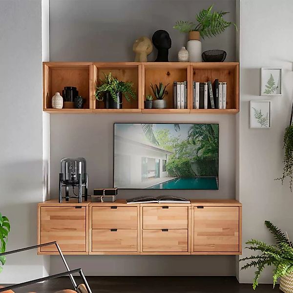 Modul Wohnwand Holz aus Kernbuche Massivholz 35 cm tief (achtteilig) günstig online kaufen
