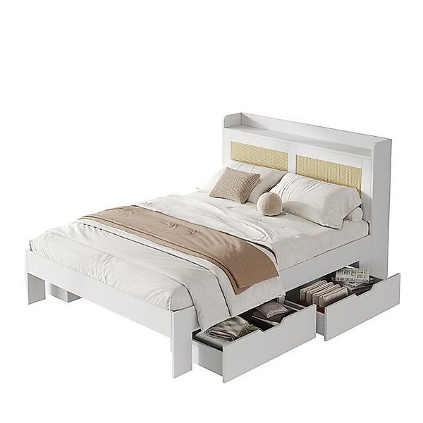 REDOM Holzbett Nachttisch-Ablageregal mit Rattan-Dekoration (Doppelbett, Fu günstig online kaufen