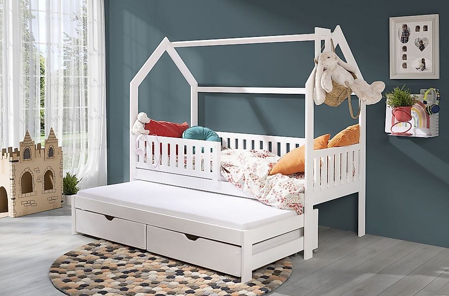 thematys Kinderbett Hausbett mit Ausziehbett und 2 Schubladen weiß / Natur günstig online kaufen