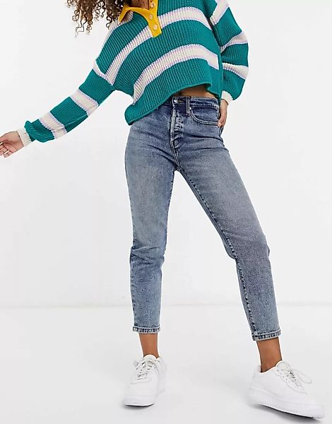 Only – Josie – Jeans mit schmalem Bein und hohem Bund in Mittelblau günstig online kaufen