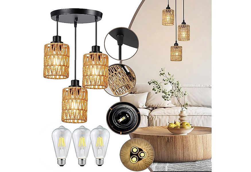Jibenhome Pendelleuchte Boho Rattan Hängeleuchte 1/3-flammige, Deckenleucht günstig online kaufen