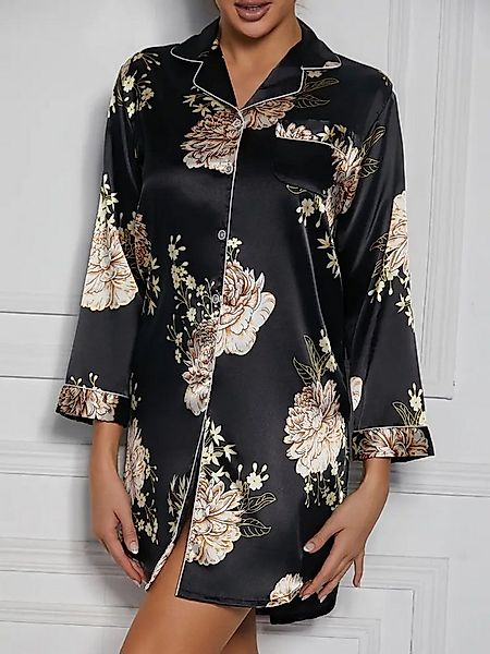 Elegant Love Nachthemd Damen Morgenmantel aus Satin – Elegant mit Blumenmus günstig online kaufen