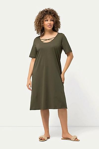 Ulla Popken Midikleid Jerseykleid Zierbänder A-Linie Rundhals Halbarm günstig online kaufen