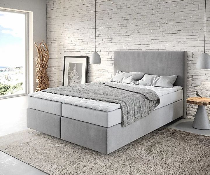 Boxspringbett Dream-Well 140x200 cm Mikrofaser Grau mit Matratze und Topper günstig online kaufen