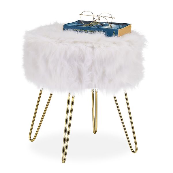 relaxdays Sitzhocker Fellhocker Kunstfell Weiß-Gold günstig online kaufen