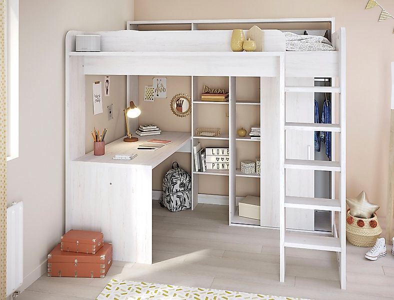Parisot Hochbett "Higher, mit Schreibtisch, Schiebetürenschrank, Regale obe günstig online kaufen