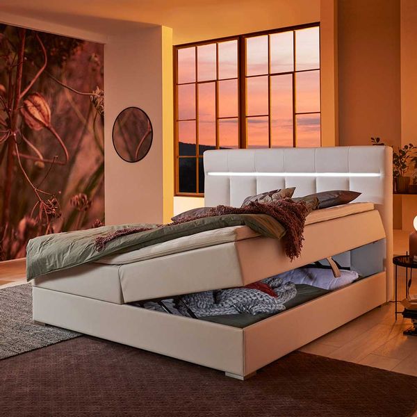 Springboxbett in Weiß Kunstleder LED Beleuchtung und Stauraum günstig online kaufen