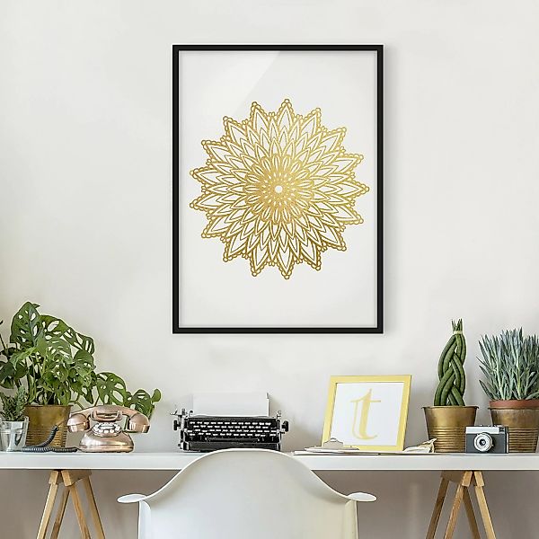 Bild mit Rahmen - Hochformat Mandala Sonne Illustration weiß gold günstig online kaufen